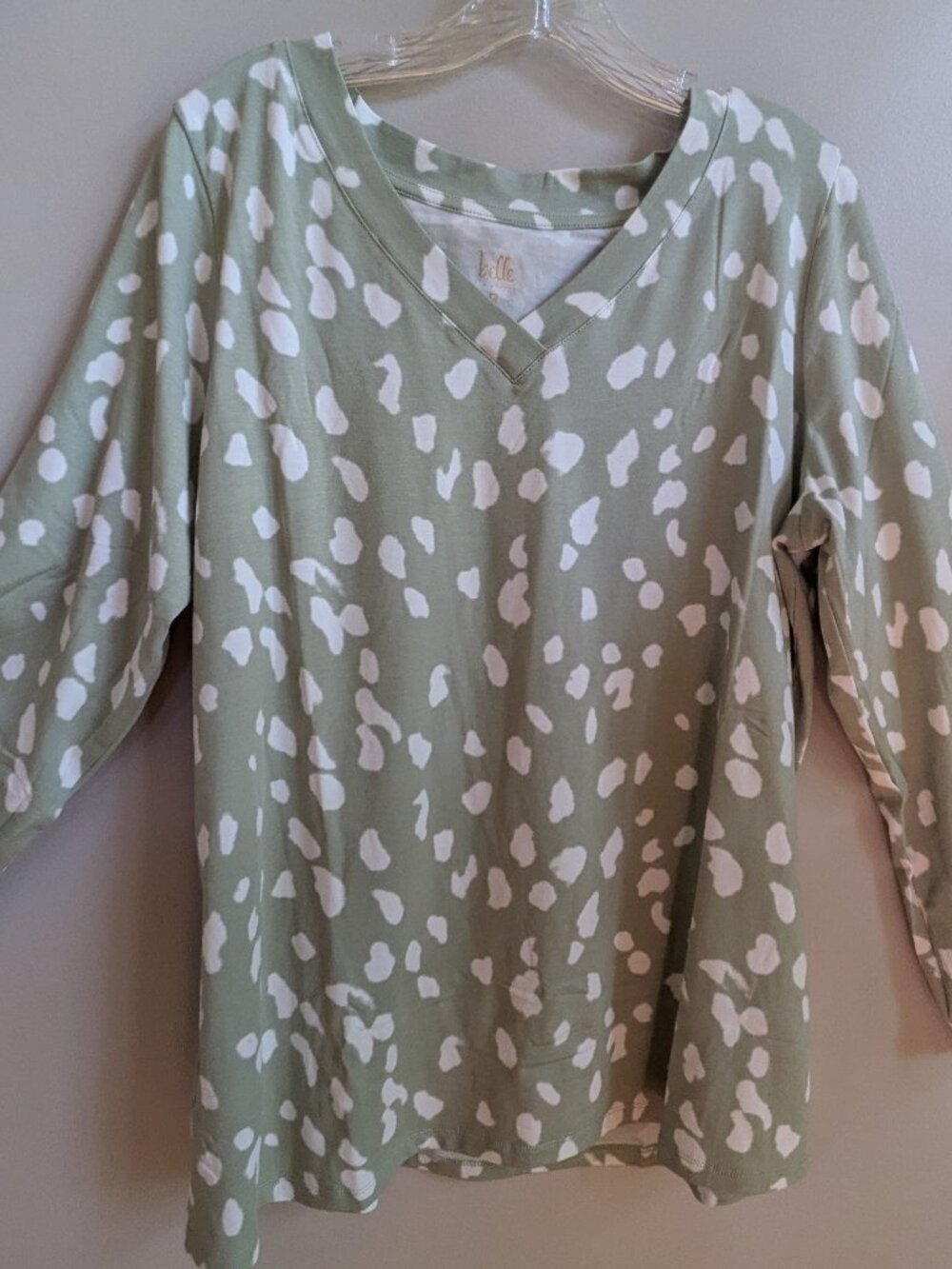 belle kim gravel long sleeve green white splatter blouse size L #794